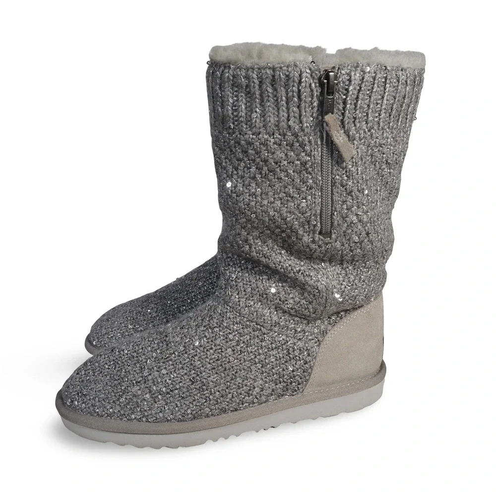 UGG Knit Sequin Side Zip Boots Grey 1104669K Youth‎ 5 Women's 6